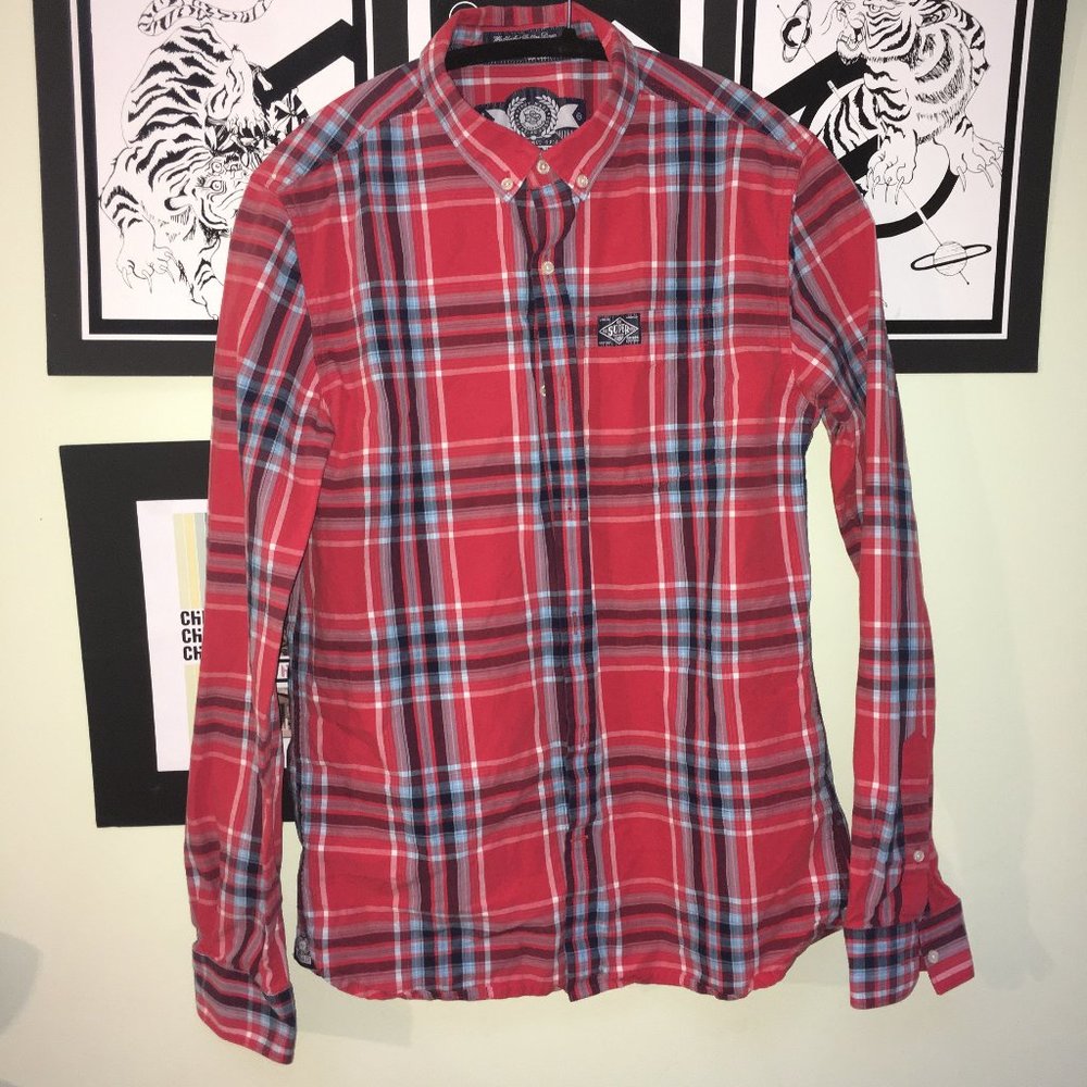 Superdry Button Down Long Sleeve Red Plaid Shirt M
